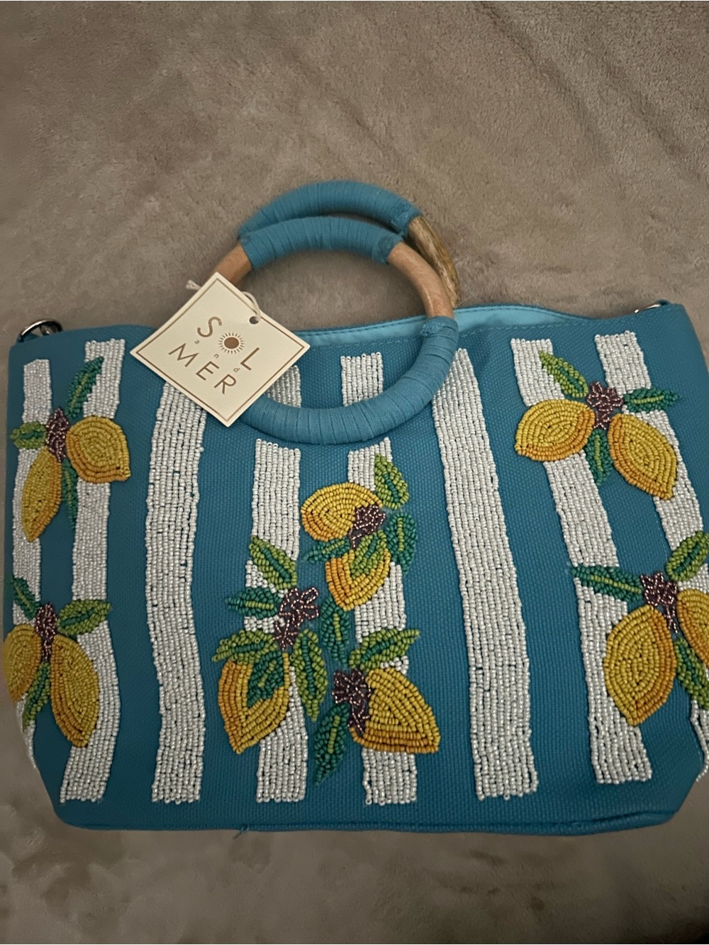 🍋Light Blue Striped Tote with Lemon 
Beaded Embroidery